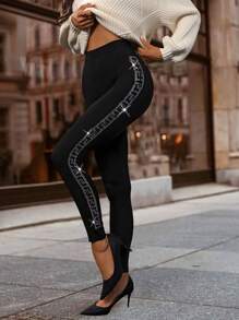 VaVaBold Quần legging bó sát đính đá Rhinestone dành cho nữ - màu đen - Xem 5