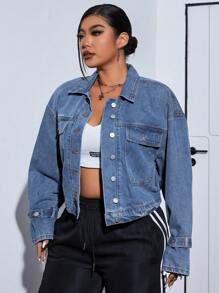 SHEIN ICON Áo khoác denim giản dị đơn giản tay dài cài nút phía trước cỡ lớn - Màu xanh lam - Xem 4