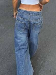 Quần jean ống đứng rách cạp trễ gợi cảm phong cách đường phố dành cho nữ, quần denim thường ngày phong cách cowgirl - Rửa trung bình - Xem 2