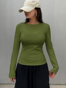 DAZY 女士纯色圆领长袖休闲T恤，秋季服装 - 軍綠色 - 查看 2