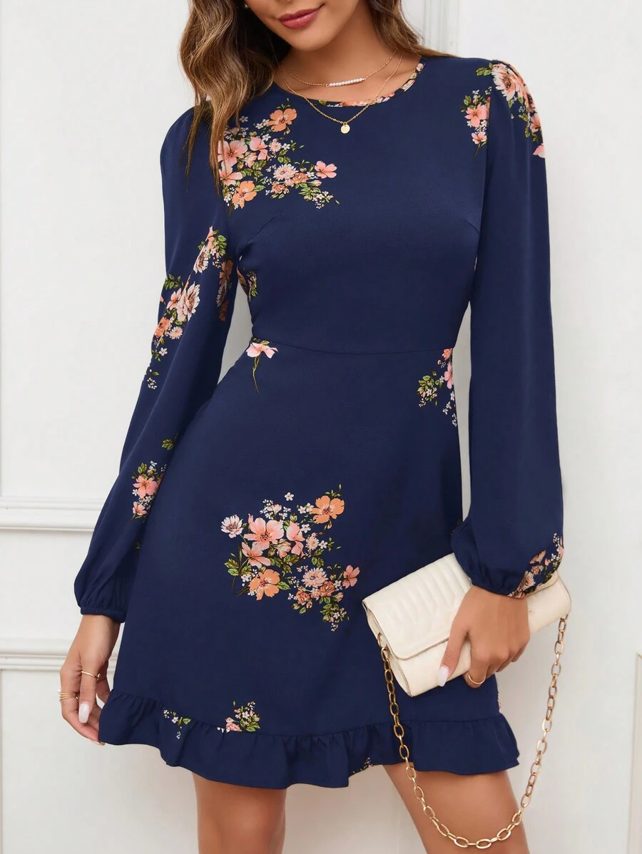 SHEIN Clasi Women's Floral Print Long Sleeve Crew Neck Dress