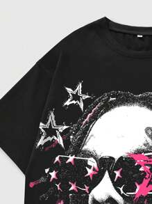 ROMWE MEN Street Life 男士休闲标语和人物图案圆领短袖 T 恤，夏季，2000 年代风格 - 黑色 - 查看 6