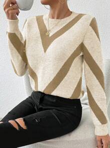 EMERY ROSE Fall/Winter 2024 New Arrival Geometric Striped Pullover Sweater,Long Sleeve Tops Knit Pullover - Multicolor - View 6