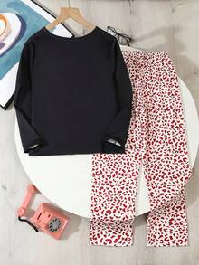 Set de 2 piezas Conjunto informal de niña preadolescente con estampado de corazones en blusa de manga larga y pantalones sueltos con estampado de leopardo para usar en casa en otoño - Multicolor - Ver 2