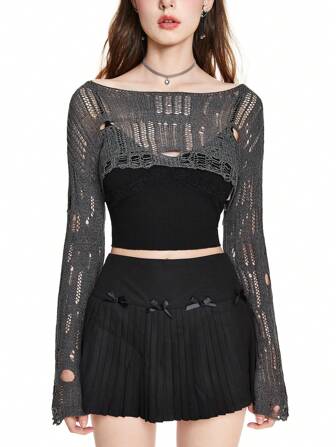 Fairycore Women's Oversized Crew Neck Distressed Long Sleeve Sweater, Spring Autumn