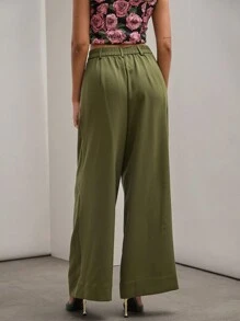 COSMINA 女式纯色休闲阔腿裤，带口袋 - 軍綠色 - 查看 2