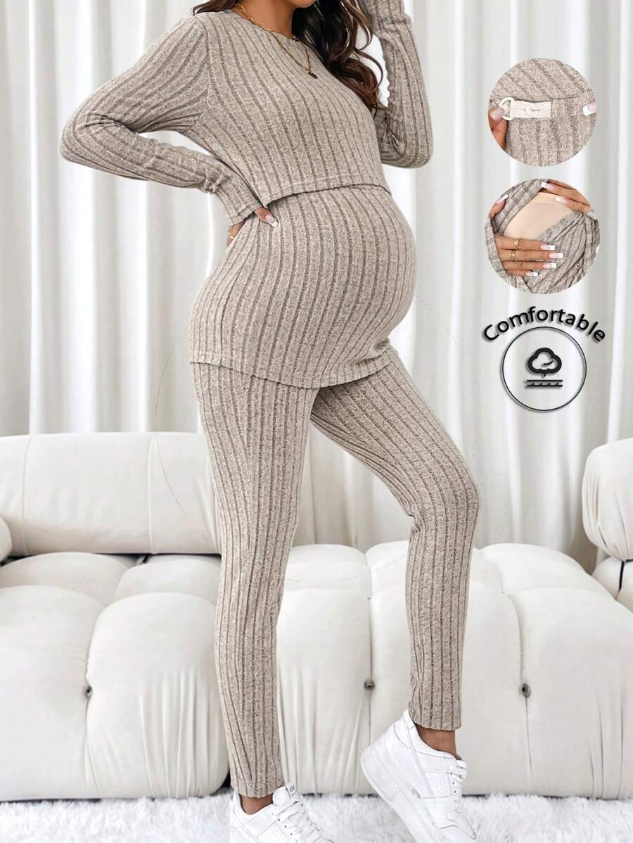 SHEIN 2pcs Solid Color Crew Neck Long Sleeve Top And Pants Casual Nursing Outfit, For Maternity - Khaki - View 1