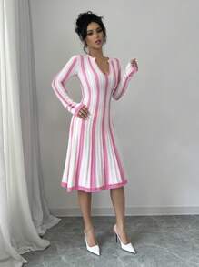 Selianne 女士条纹 V 领长袖休闲毛衣连衣裙，春秋 - 粉色 - 查看 6