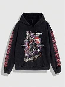 ROMWE MEN Street Life Men's Casual Snowflake, Letter And Cartoon Print Hooded Sweatshirt