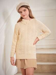 SHEIN Teenage Girl Asymmetrical Fold-Over Collar Mid-Length Sweater, White Chunky Knit Sweater, Autumn Fashion - White - View 7