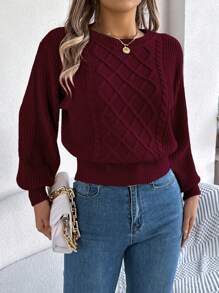Casual Basic Cabled Knit Crew Neck Long Sleeve Sweater, Autumn/Winter,Long Sleeve Tops - Burgundy - View 3