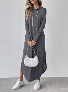 SHEIN LUNE 长袖简约长款连帽休闲连衣裙，日常休闲长款女装 - 灰色 - 查看 5
