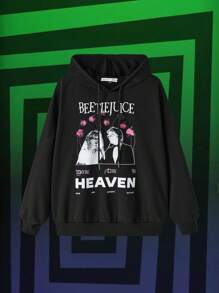 Beetlejuice X SHEIN Women's Casual Loose Drawstring Hoodie With Figure And Letter Print, Spring And Autumn - Black - View 1