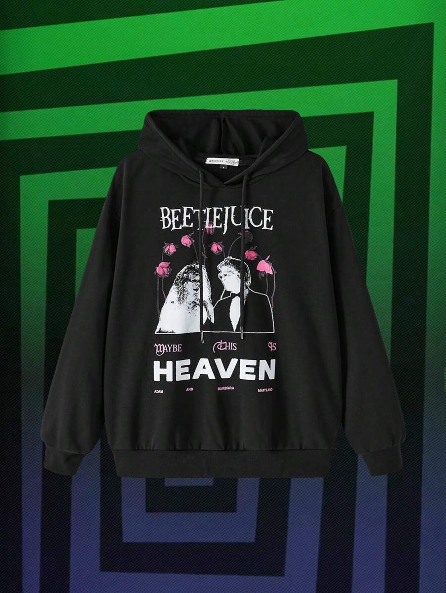 Beetlejuice X SHEIN Women's Casual Loose Drawstring Hoodie With Figure And Letter Print, Spring And Autumn - Black - View 1