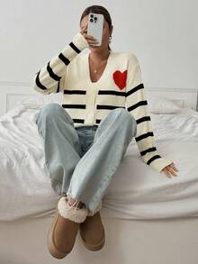 Chiquease 女士条纹和心形印花纽扣长袖开衫 - 彩色 - 查看 2