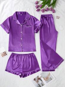 LuxeNights Conjunto de pijama de 3 piezas de unicolor de talla grande de satén sintético, conjunto de ropa - Morado - Ver 7