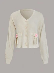 SHEIN Unity Cárdigan de manga larga con cuello en V, abotonado delantero y aplicación floral para mujer - Beis - Ver 1