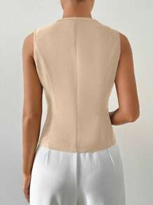 Chiquease Solid Color Front Button Sleeveless Minimalist Blazer Jacket, Casual Wear - Apricot - View 2