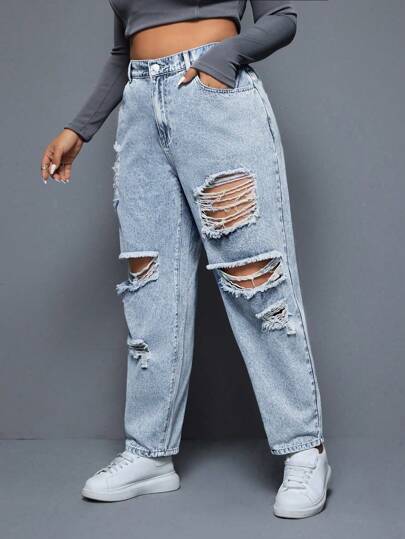 SHEIN ICON Plus Size Spring/Summer Casual Distressed Frayed Hem Tapered Jeans