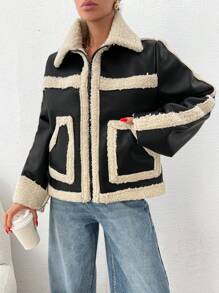 EURMUSE Teddy Lining Zipper Pocket Black Motorcycle Jacket - Black - View 6