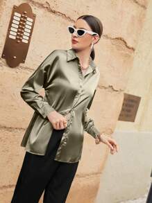 Mulvari Blusa elegante de hombro caído de unicolor para mujer, tops de manga larga para primavera y otoño - Verde Oliva - Ver 3