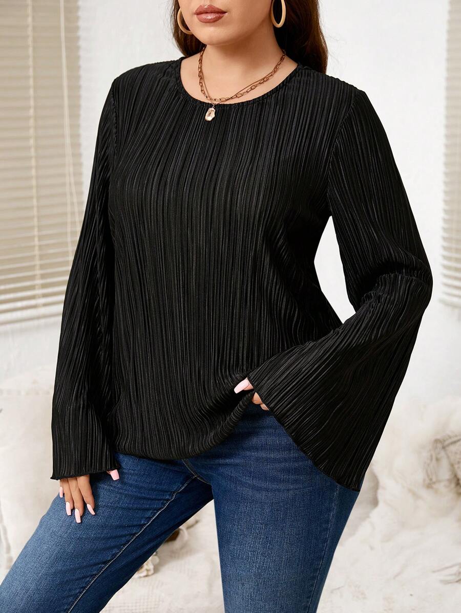 大码女式圆领褶皱喇叭袖长款优雅黑色正式衬衫上衣外套 - 黑色 - 查看 1