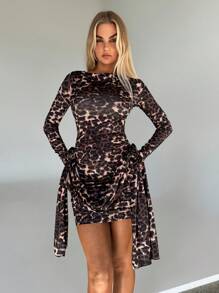 Aloruh Women's Leopard Print Pleated Mini Slip Dress