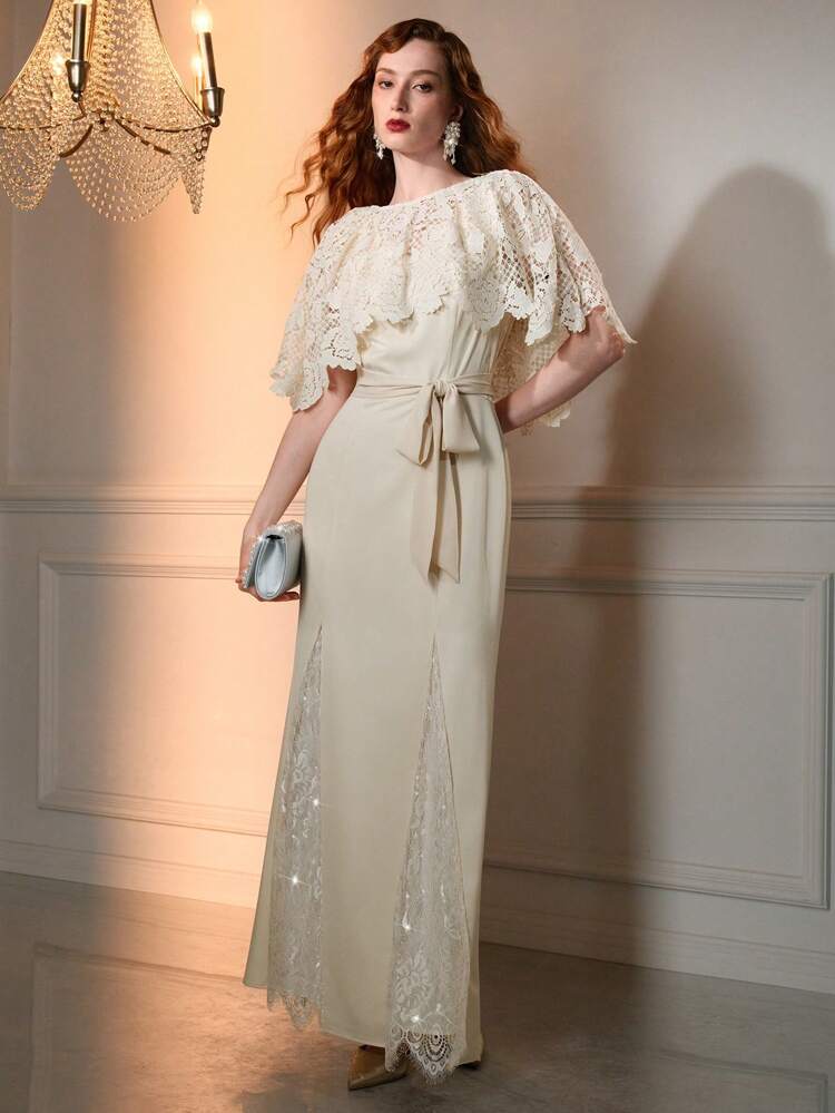 The Great Gatsby x MOTF CONTRAST LACE SOLID BELTED DRESS