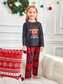 SHEIN Bộ đồ ngủ rộng rãi 2 món họa tiết hươu dễ thương cho bé gái và quần kẻ caro, trang phục gia đình đồng bộ (4 bộ bán riêng) - Đỏ - Xem 6
