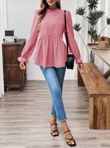 SHEIN LUNE Neckline Ruffle Hem Gingham Long Sleeve Casual Blouse With Frilled Edges On The Sleeves And Collar