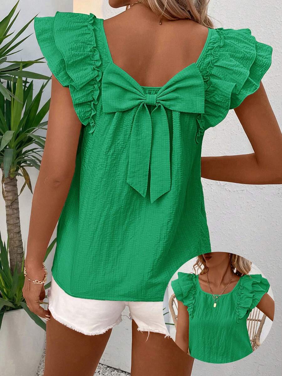 SHEIN LUNE Áo cánh cổ vuông hai lớp tay cánh bướm trang trí nơ sau - màu xanh lá - Xem 1