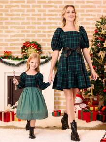 Young Girl Plaid Print Square Neck Long Sleeve Dress - Dark Green - View 1