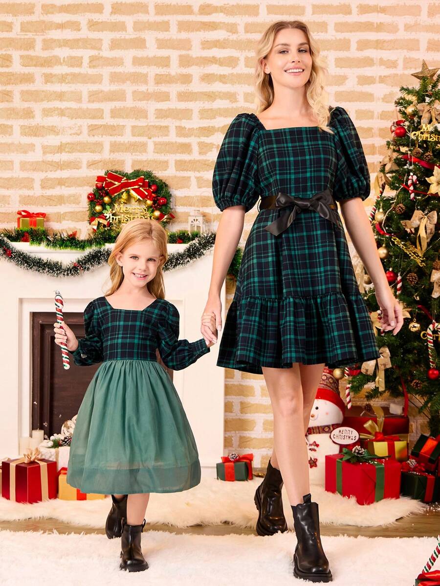 Young Girl Plaid Print Square Neck Long Sleeve Dress - Dark Green - View 1