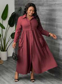 Slaydiva Plus Size Women Elegant Burgundy Long Sleeve Pocket Shirt Dress, Fall - Burgundy - View 1