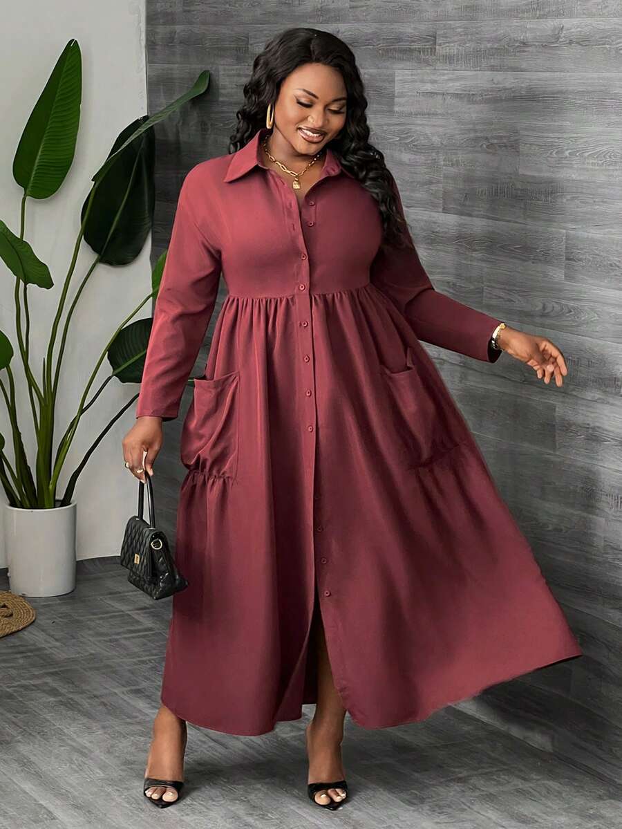 Slaydiva Plus Size Women Elegant Burgundy Long Sleeve Pocket Shirt Dress, Fall - Burgundy - View 1