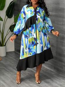 Slaydiva Váy chữ A dài tay in họa tiết khối màu cỡ lớn cho nữ, mùa thu - Nhiều màu - Xem 3