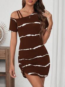 SHEIN LUNE Đầm sọc tay ngắn cổ bẻ bất đối xứng thường ngày cho nữ - màu nâu - Xem 3