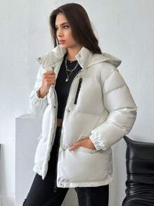 SHEIN Cottnline Women's Oversized Hooded Drawstring Hem Quilted Winter Puffer Down Jacket - Champagne - View 4