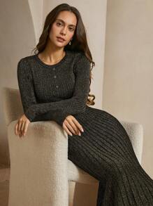 Anewsta Robe tricotée avec fil métallique, texture côtelée et ourlet en queue de poisson - Noir - Voir 5
