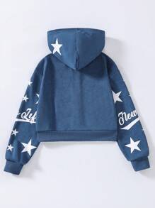 SHEIN Explorewe Star & Letter Print Hooded Sweatshirt For Girls - Blue - View 2