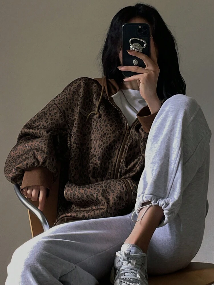 Women Leopard Print Knitted Hooded Cardigan Cheetah Print Women Jacket,Fall Women Clothes Women Coats