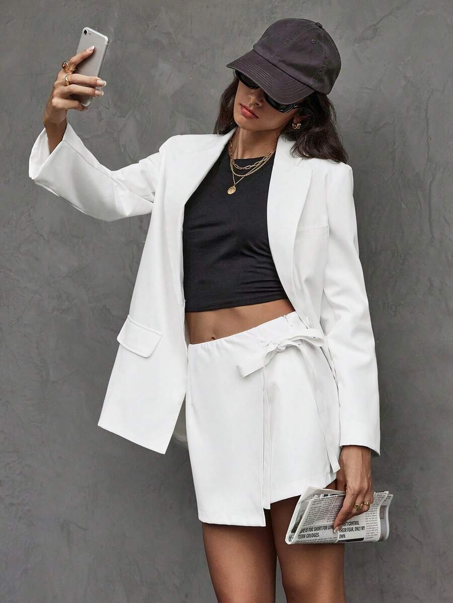 SHEIN Frenchy Bộ đồ vest blazer dài tay màu trơn cho nữ và váy thắt nút - Màu be - Xem 1