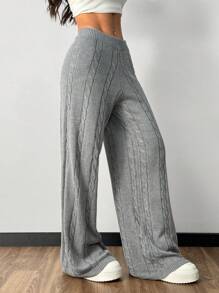 SHEIN Essnce 2024秋装女装新款休闲简约直筒裤毛绒保暖毛衣裤灰色纹理麻花阔腿裤时尚休闲日常百搭毛线裤 - 灰色 - 查看 4