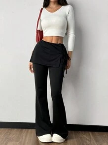 SHEIN Essnce 女士双层侧蝴蝶结加垫保暖下装裤，低腰喇叭裤，黑色下装，冬季女装 - 黑色 - 查看 5