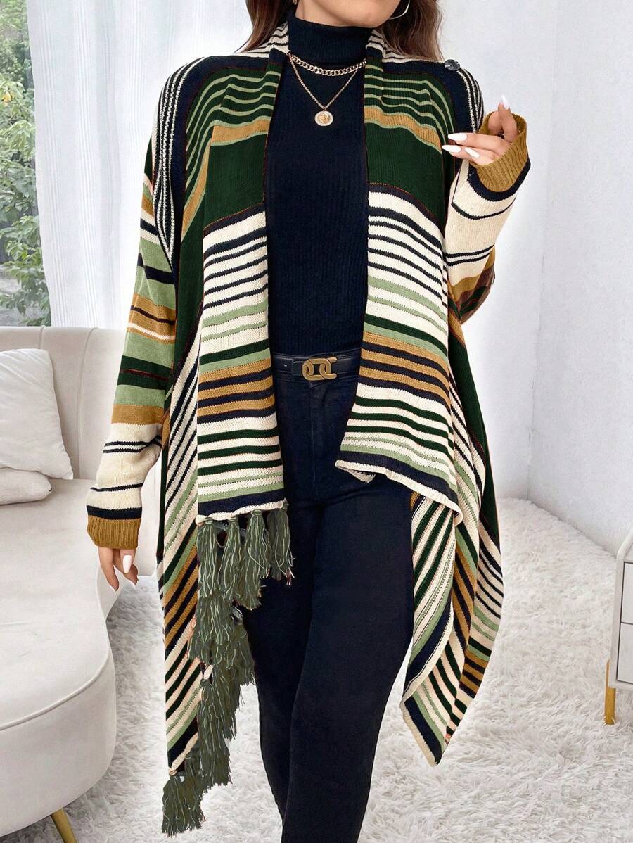 Calvaya 大码开衫 条纹休闲开衫 带流苏下摆 长袖 日常穿着 冬季 - 墨綠色 - 查看 1