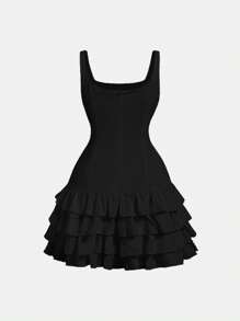 SHEIN MOD Plus Size White Cute Cake Ruffle Hem Tank Mini Dress , Black,Birthday Dresses For Women,Corset Dress For Women - Black - View 2