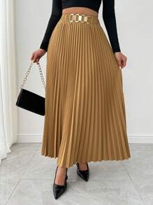 SHEIN Clasi Elegancka plisowana spódnica maxi dla kobiet z metalowym łańcuszkiem w talii - Kolor khaki - Zobacz 6