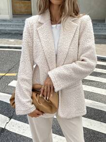 Serisse Blazer casual de color liso con cuello alto y manga larga para mujer, otoño e invierno - Albaricoque - Ver 5