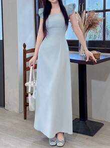 SHEIN LUNE Women's Summer Casual Solid Color Cap Sleeve Dress - Baby Blue - View 3