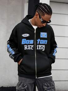 PAVTROS Men's Letter Print Zip-Up Hooded Casual Sweatshirt, Autumn/Winter,Fall Men Clothes,Casual Thermal Zip Up Hooded Sweatshirt - Black - View 1